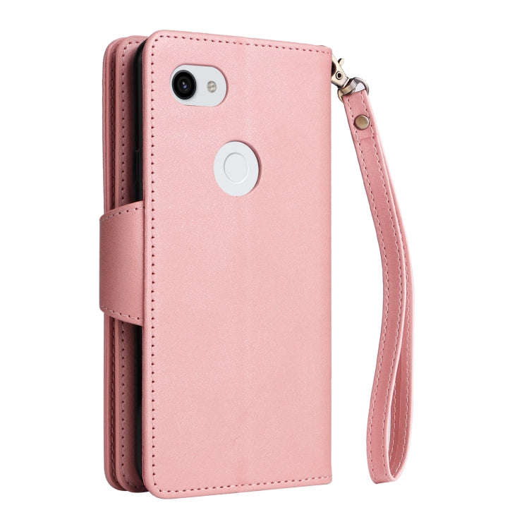 For Google Pixel 3A XL Rivet Buckle 9 Cards Three Fold Leather Phone Case(Rose Gold)