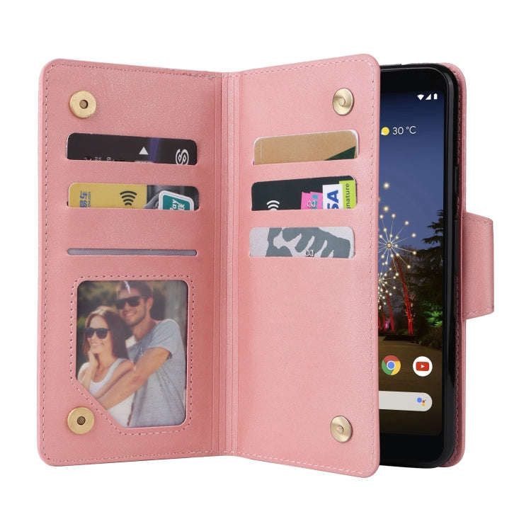 For Google Pixel 3A XL Rivet Buckle 9 Cards Three Fold Leather Phone Case(Rose Gold)