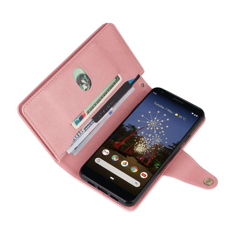For Google Pixel 3A XL Rivet Buckle 9 Cards Three Fold Leather Phone Case(Rose Gold)
