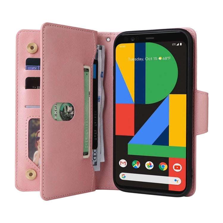 For Google Pixel 4 Rivet Buckle 9 Cards Three Fold Leather Phone Case(Rose Gold)