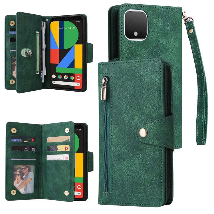 For Google Pixel 4 Rivet Buckle 9 Cards Three Fold Leather Phone Case(Green)