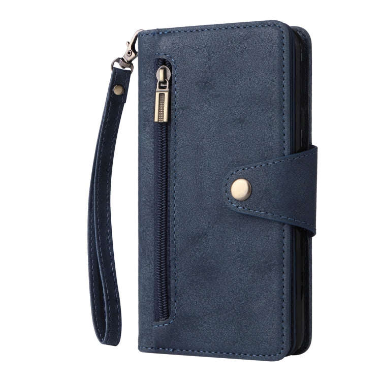 For Google Pixel 4A 4G Rivet Buckle 9 Cards Three Fold Leather Phone Case(Blue)