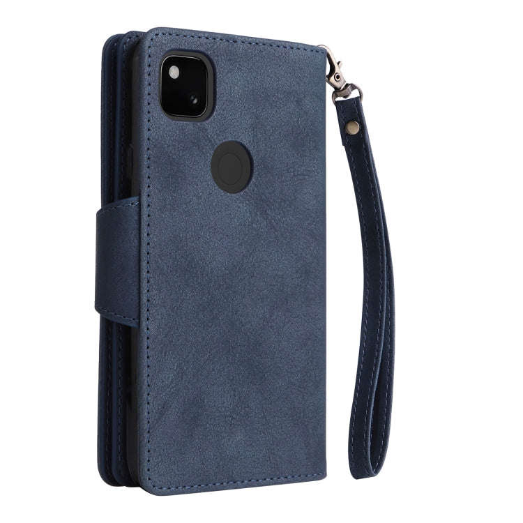 For Google Pixel 4A 4G Rivet Buckle 9 Cards Three Fold Leather Phone Case(Blue)