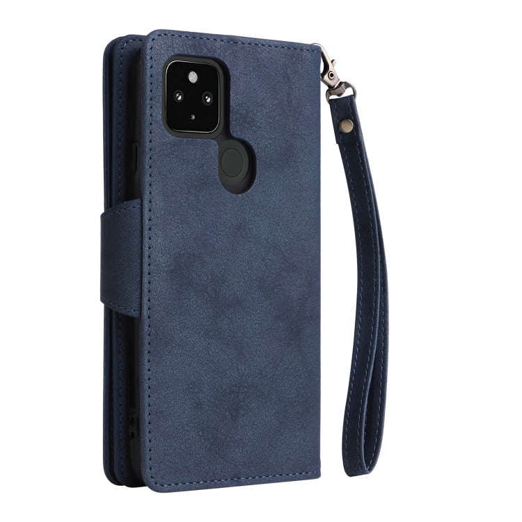 For Google Pixel 4A 5G Rivet Buckle 9 Cards Three Fold Leather Phone Case(Blue)