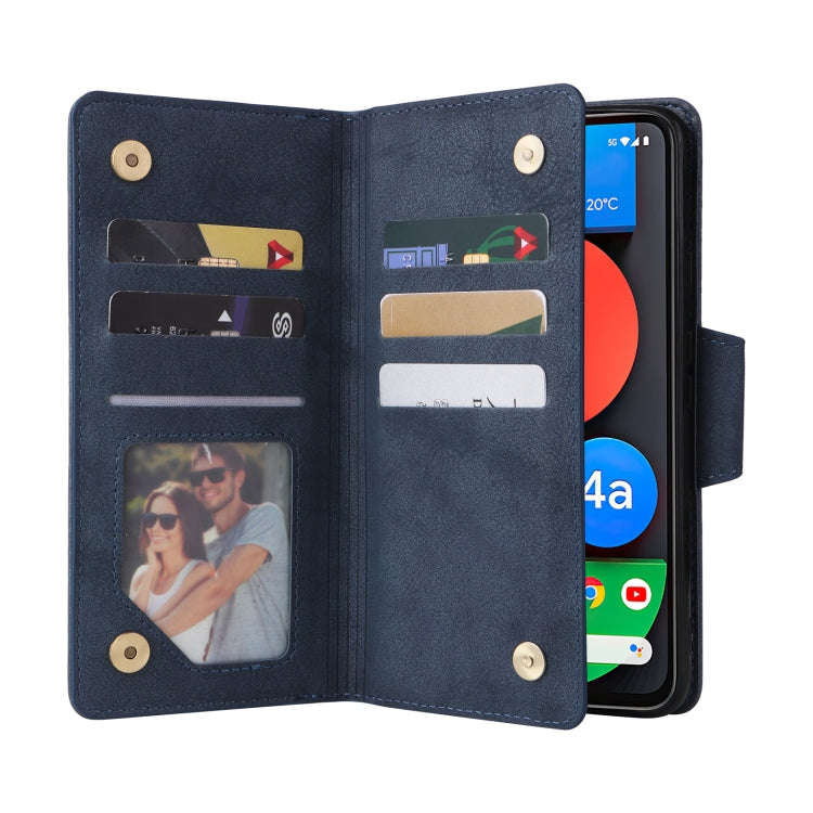 For Google Pixel 4A 5G Rivet Buckle 9 Cards Three Fold Leather Phone Case(Blue)