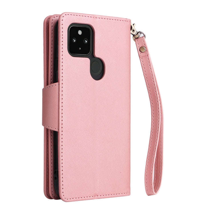 For Google Pixel 4A 5G Rivet Buckle 9 Cards Three Fold Leather Phone Case(Rose Gold)