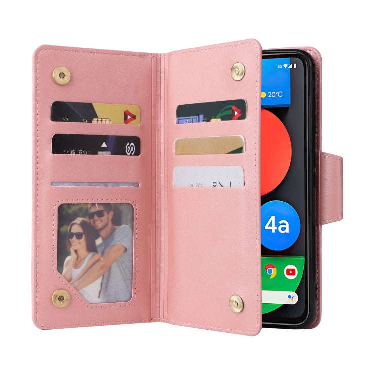 For Google Pixel 4A 5G Rivet Buckle 9 Cards Three Fold Leather Phone Case(Rose Gold)