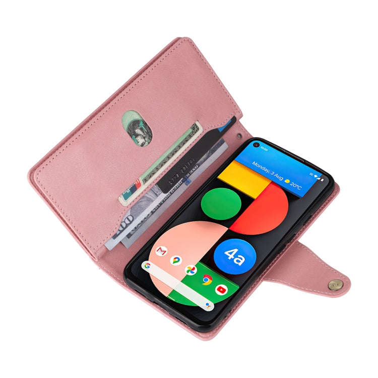 For Google Pixel 4A 5G Rivet Buckle 9 Cards Three Fold Leather Phone Case(Rose Gold)