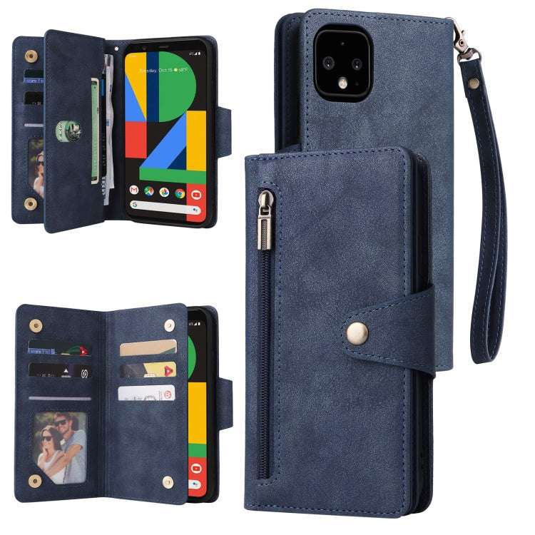 For Google Pixel 4 XL Rivet Buckle 9 Cards Three Fold Leather Phone Case(Blue)