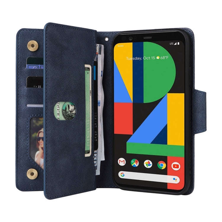 For Google Pixel 4 XL Rivet Buckle 9 Cards Three Fold Leather Phone Case(Blue)