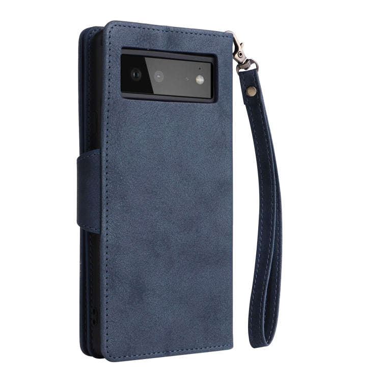 For Google Pixel 6 Rivet Buckle 9 Cards Three Fold Leather Phone Case(Blue)