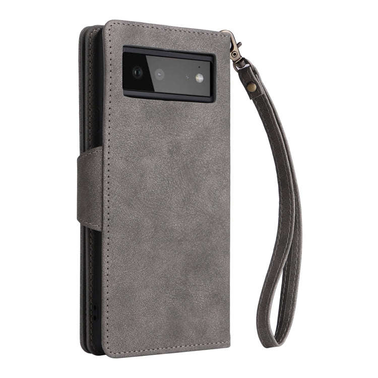 For Google Pixel 6 Rivet Buckle 9 Cards Three Fold Leather Phone Case(Grey)