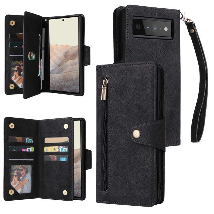 For Google Pixel 6 Pro Rivet Buckle 9 Cards Three Fold Leather Phone Case(Black)