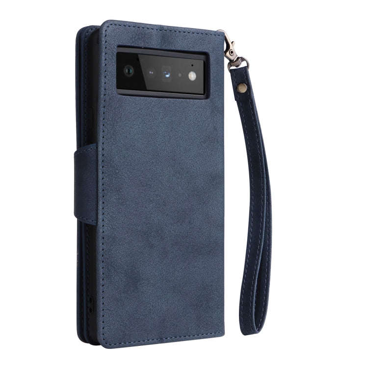 For Google Pixel 6 Pro Rivet Buckle 9 Cards Three Fold Leather Phone Case(Blue)