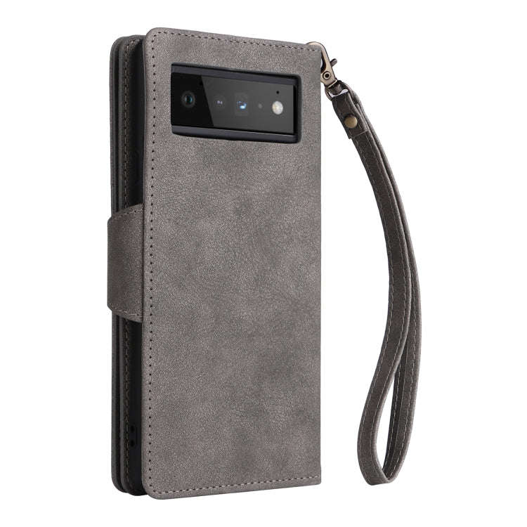 For Google Pixel 6 Pro Rivet Buckle 9 Cards Three Fold Leather Phone Case(Grey)