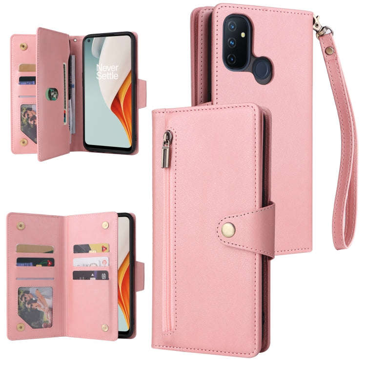 For OnePlus Nord N100 Rivet Buckle 9 Cards Three Fold Leather Phone Case(Rose Gold)