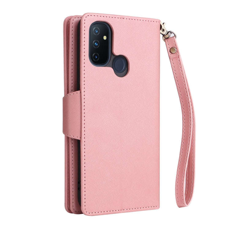 For OnePlus Nord N100 Rivet Buckle 9 Cards Three Fold Leather Phone Case(Rose Gold)