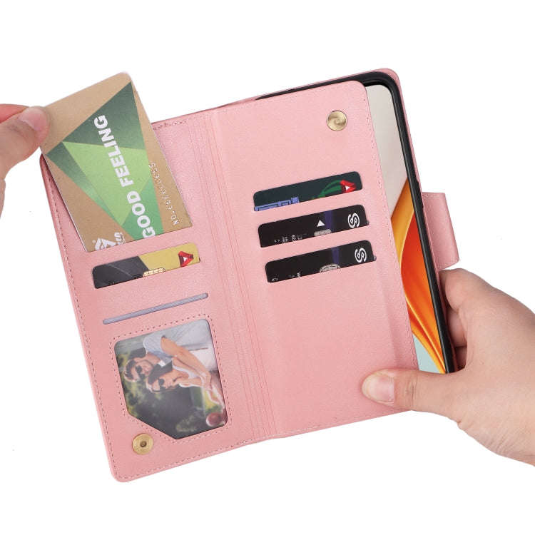 For OnePlus Nord N100 Rivet Buckle 9 Cards Three Fold Leather Phone Case(Rose Gold)