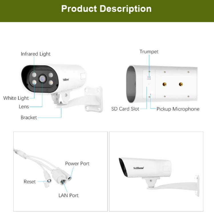 SriHome SH037B 4MP Full Color Night Vision IP66 Waterproof Bullet Camera, POE Version, EU Plug