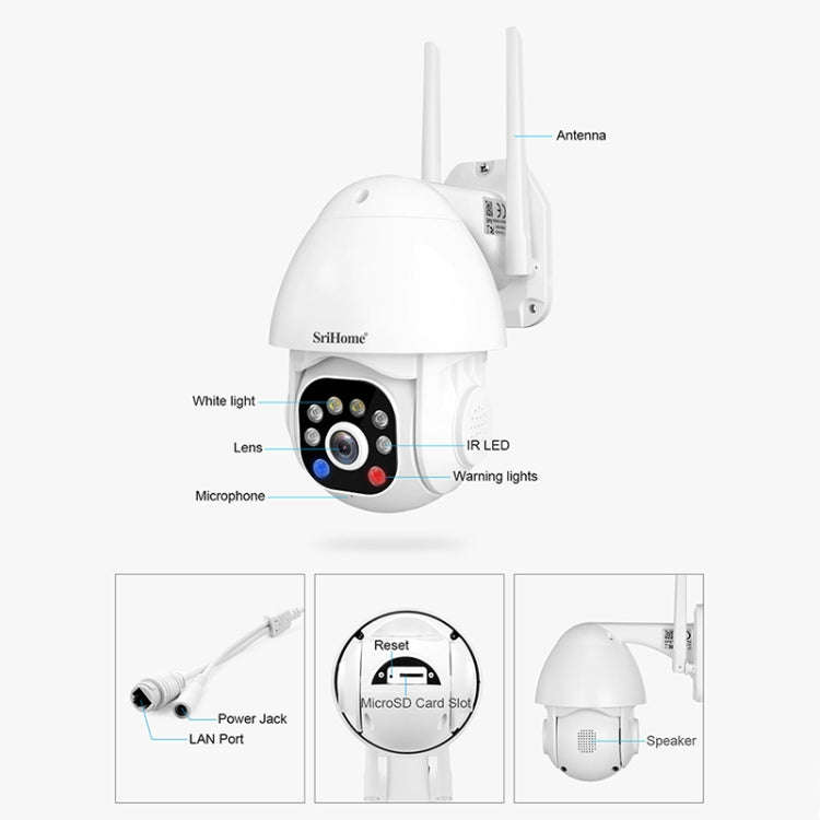 SriHome SH039B 3MP Sound and Light Alarm IP66 Waterproof Dome Camera, US Plug