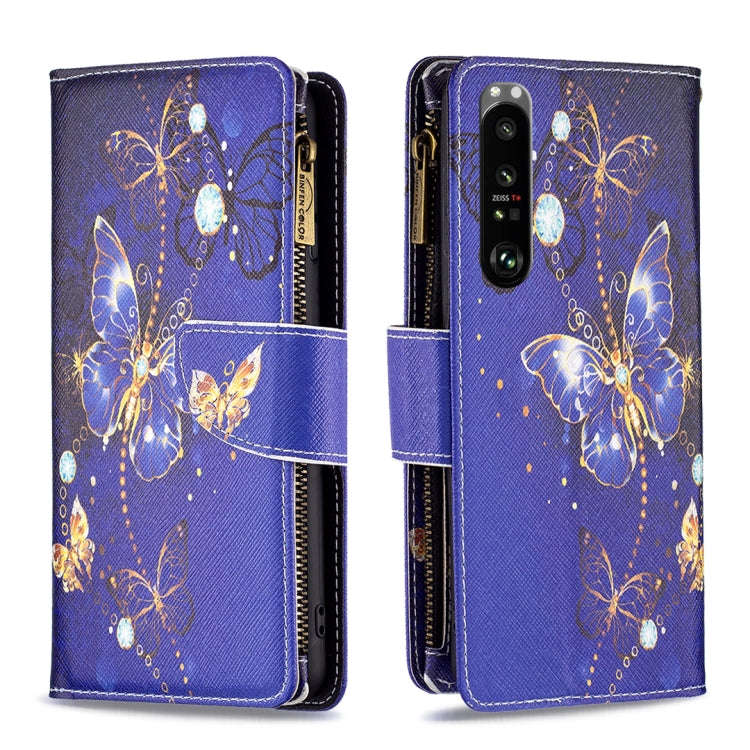 For Sony Xperia 1 III Colored Drawing Pattern Zipper Horizontal Flip Phone Leather Case(Purple Bu...