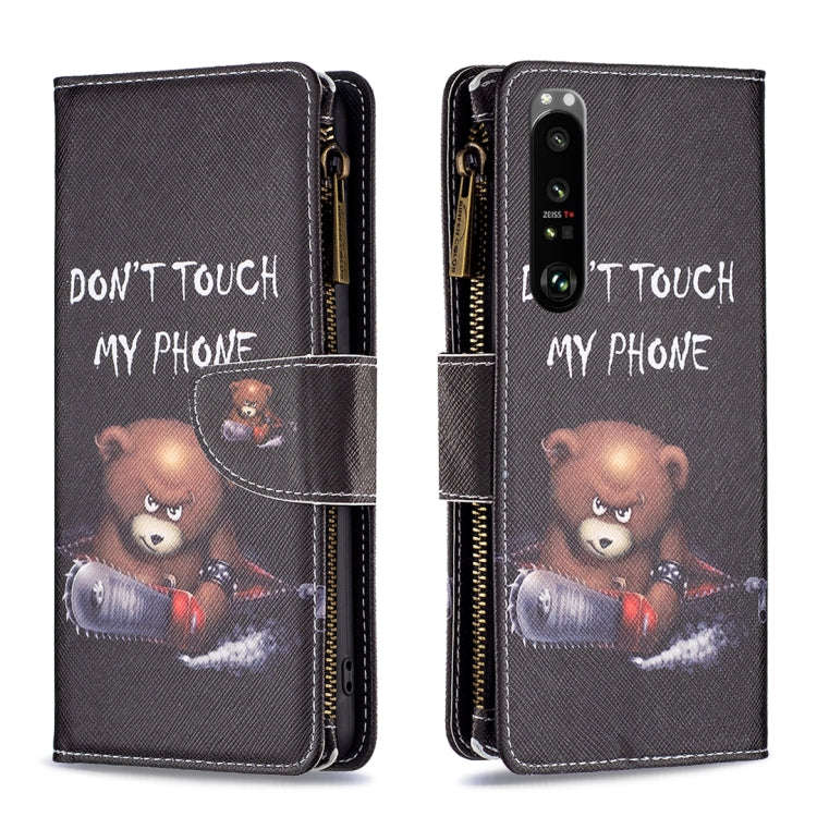 For Sony Xperia 1 III Colored Drawing Pattern Zipper Horizontal Flip Phone Leather Case(Bear)