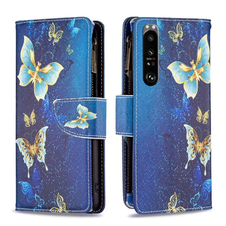 For Sony Xperia 1 III Colored Drawing Pattern Zipper Horizontal Flip Phone Leather Case(Gold Butt...