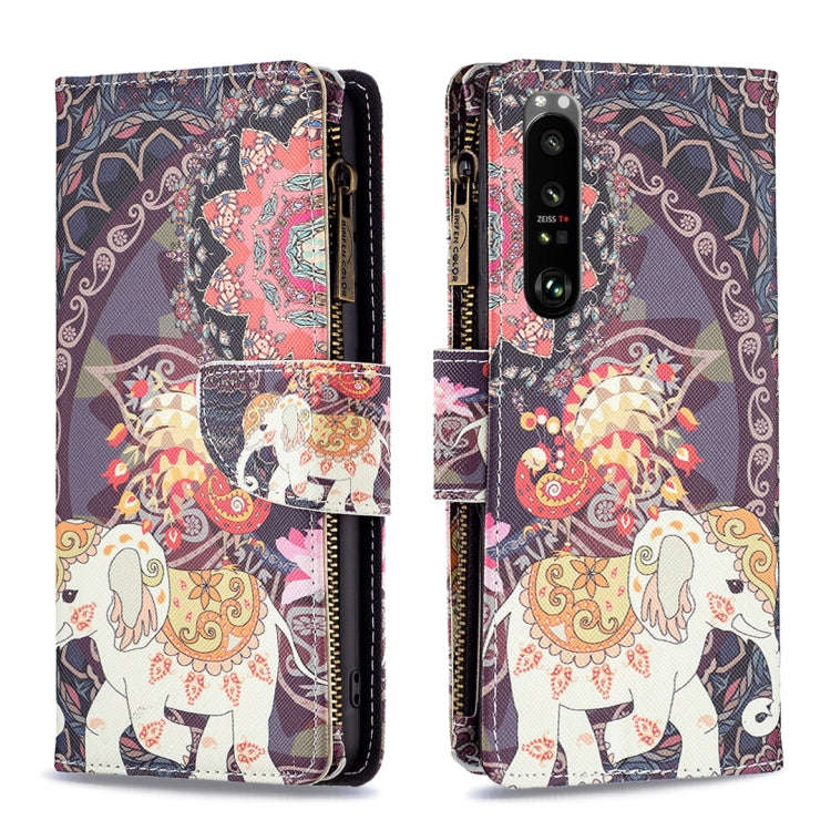 For Sony Xperia 1 III Colored Drawing Pattern Zipper Horizontal Flip Phone Leather Case(Flower El...