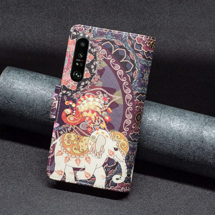 For Sony Xperia 1 III Colored Drawing Pattern Zipper Horizontal Flip Phone Leather Case(Flower El...