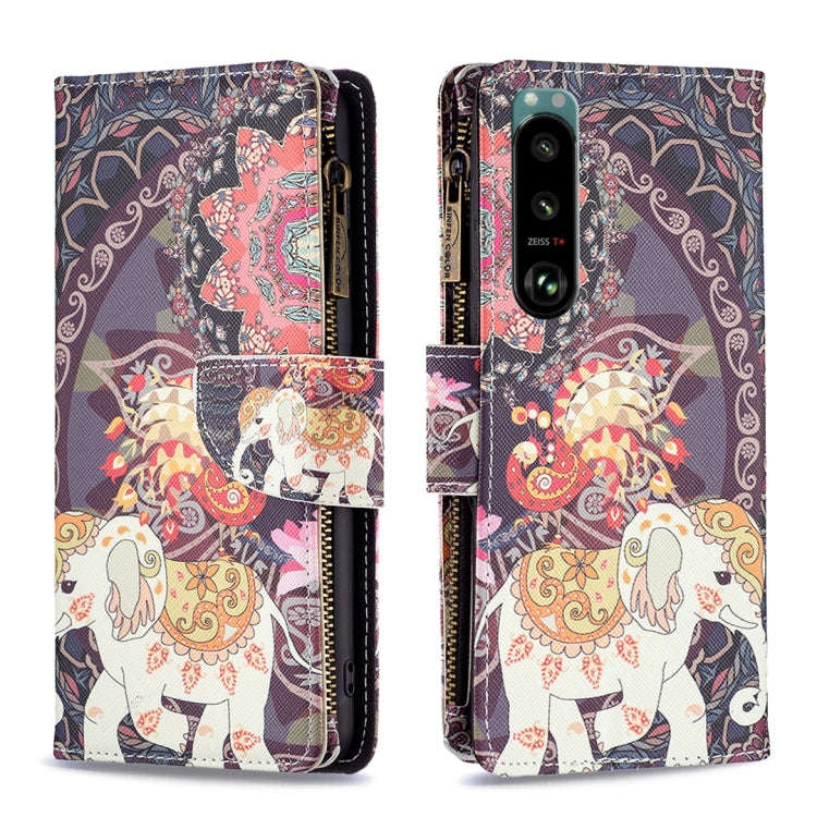 For Sony Xperia 5 III Colored Drawing Pattern Zipper Horizontal Flip Phone Leather Case(Flower El...