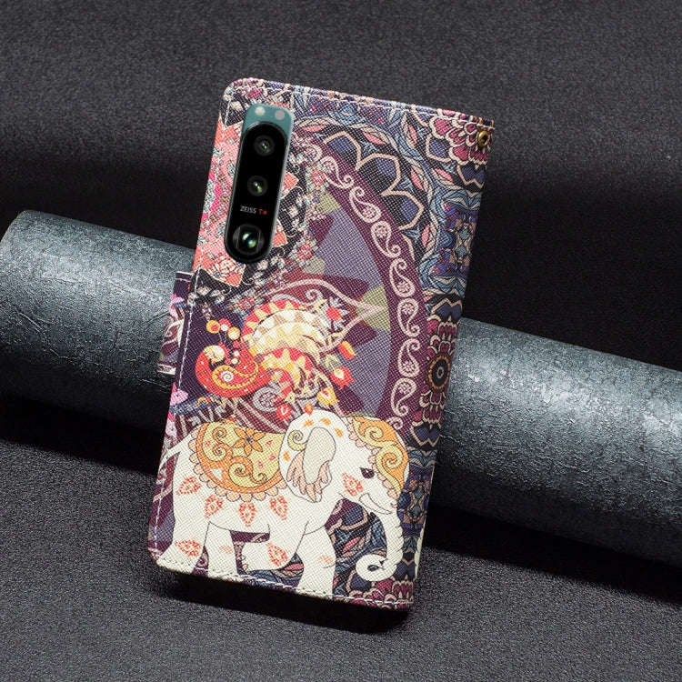 For Sony Xperia 5 III Colored Drawing Pattern Zipper Horizontal Flip Phone Leather Case(Flower El...