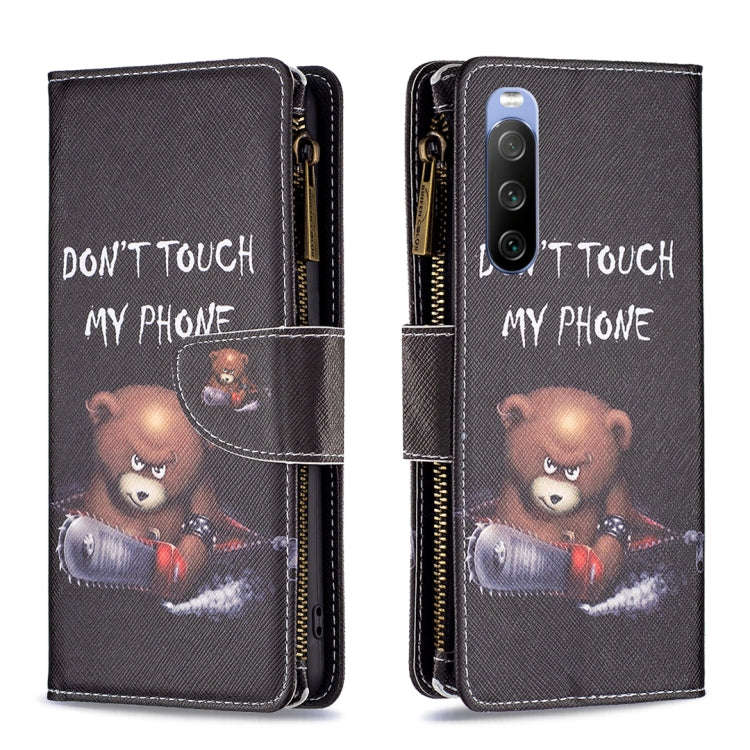 For Sony Xperia 10 III Colored Drawing Pattern Zipper Horizontal Flip Phone Leather Case(Bear)