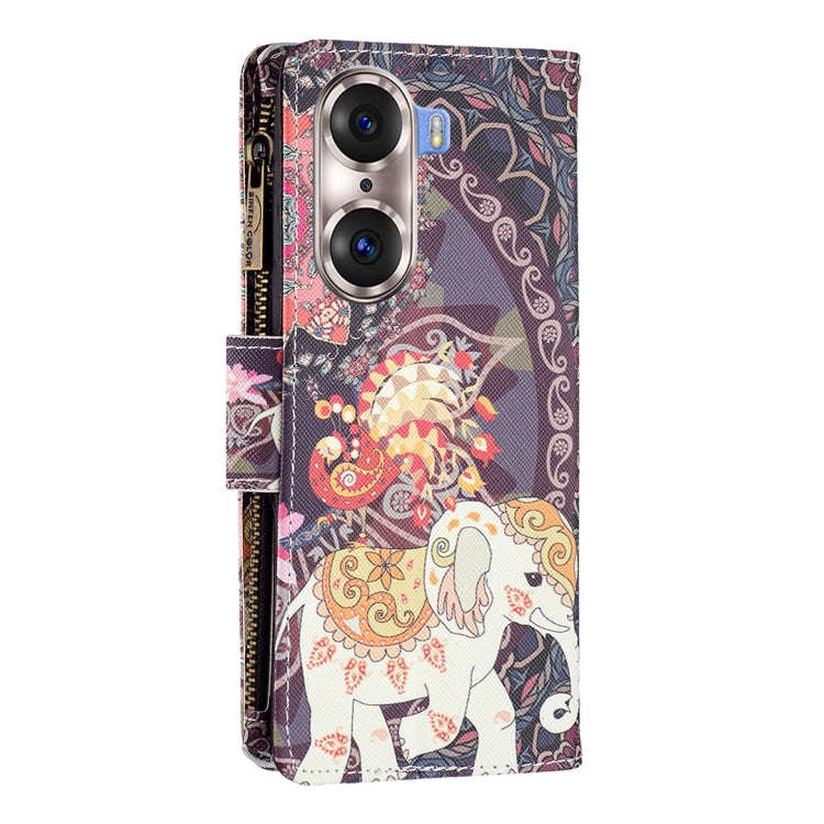 For Honor 60 Pro Colored Drawing Pattern Zipper Horizontal Flip Leather Phone Case(Flower Elephants)