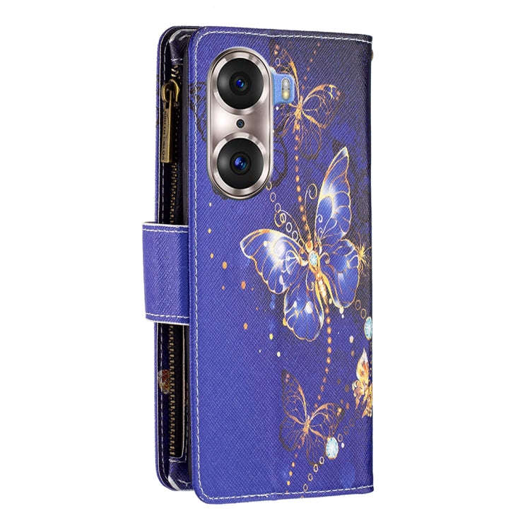 For Honor 60 Pro Colored Drawing Pattern Zipper Horizontal Flip Leather Phone Case(Gold Butterfly)