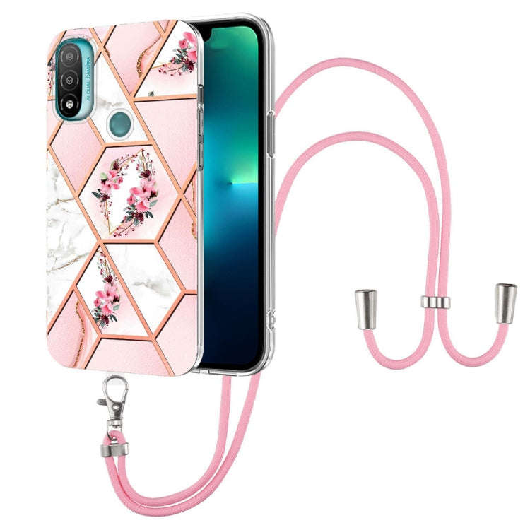 For Motorola Moto E20 / E30 / E40 Splicing Marble Flower Pattern TPU Phone Case with Lanyard(Pink...