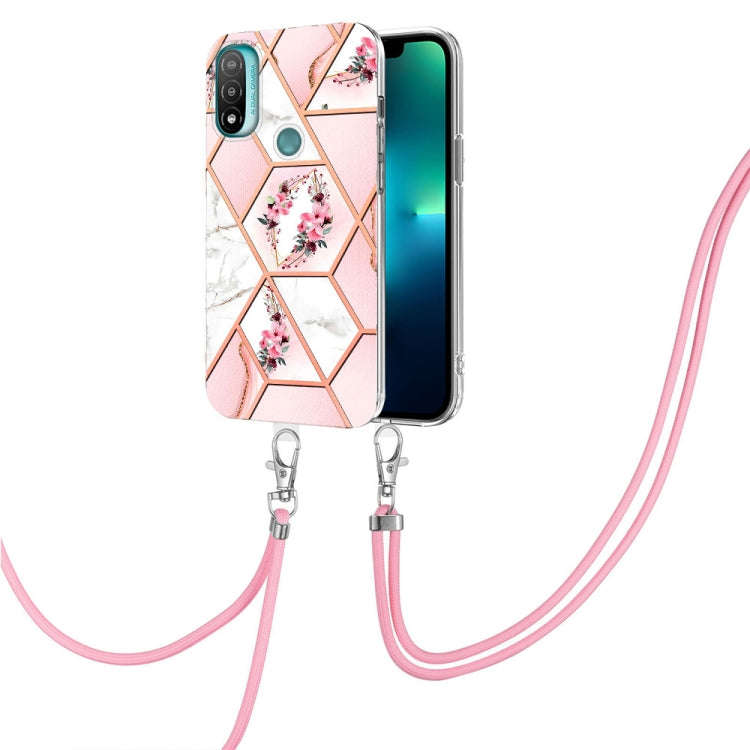 For Motorola Moto E20 / E30 / E40 Splicing Marble Flower Pattern TPU Phone Case with Lanyard(Pink...