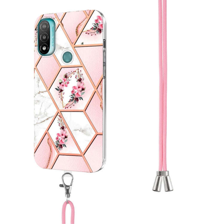 For Motorola Moto E20 / E30 / E40 Splicing Marble Flower Pattern TPU Phone Case with Lanyard(Pink...