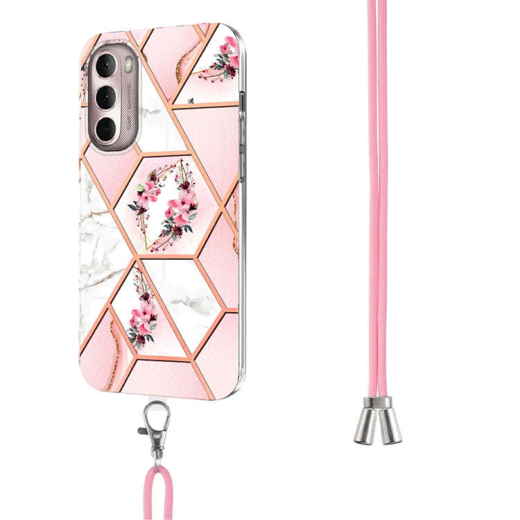 For Motorola Moto G Stylus 2022 4G Splicing Marble Flower Pattern TPU Phone Case with Lanyard(Pin...