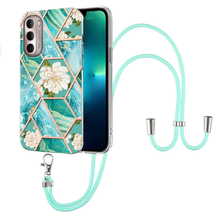 For Motorola Moto G Stylus 2022 4G Splicing Marble Flower Pattern TPU Phone Case with Lanyard(Blu...