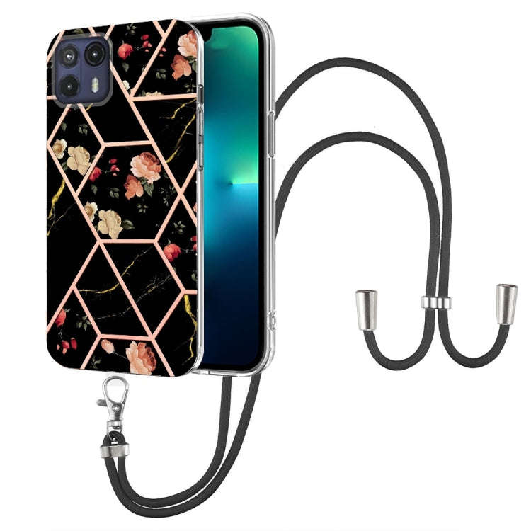 For Motorola Moto G50 5G Splicing Marble Flower Pattern TPU Phone Case with Lanyard(Black Flower)