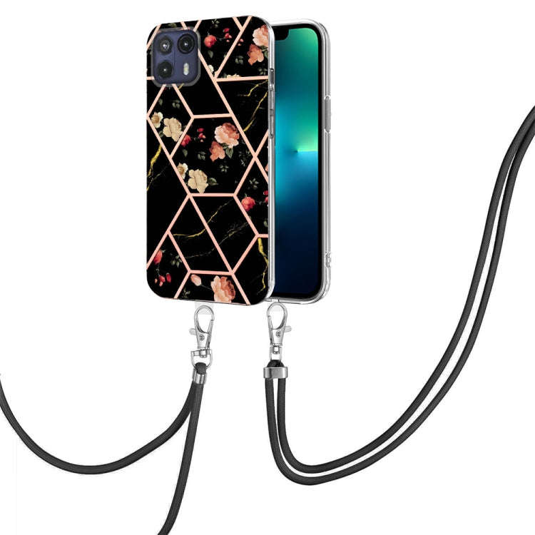 For Motorola Moto G50 5G Splicing Marble Flower Pattern TPU Phone Case with Lanyard(Black Flower)