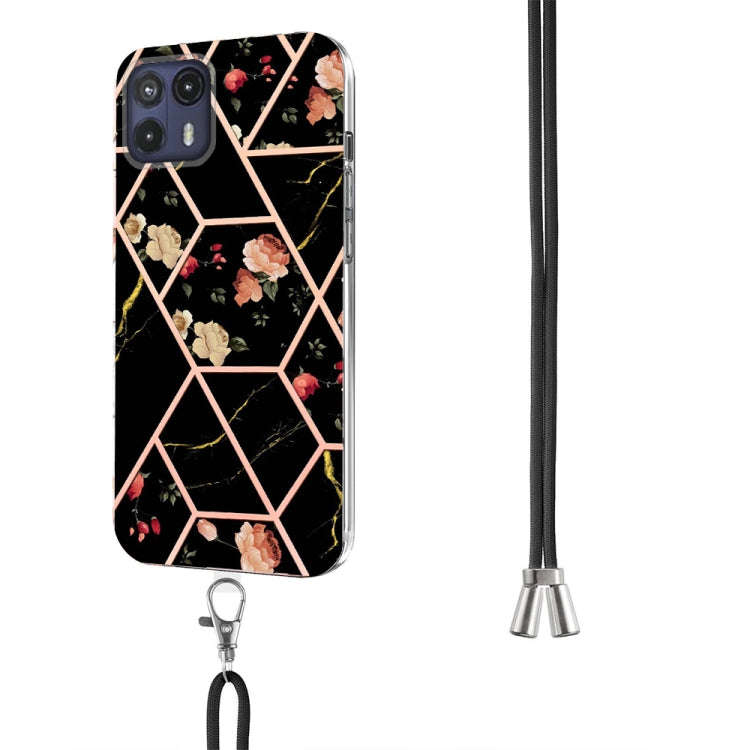 For Motorola Moto G50 5G Splicing Marble Flower Pattern TPU Phone Case with Lanyard(Black Flower)