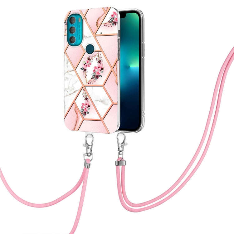 For Motorola Moto G71 5G Splicing Marble Flower Pattern TPU Phone Case with Lanyard(Pink Flower)