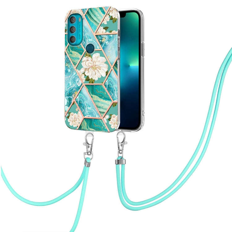 For Motorola Moto G71 5G Splicing Marble Flower Pattern TPU Phone Case with Lanyard(Blue Flower)
