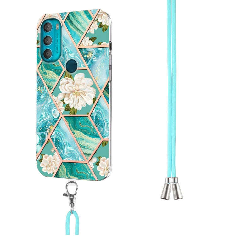 For Motorola Moto G71 5G Splicing Marble Flower Pattern TPU Phone Case with Lanyard(Blue Flower)