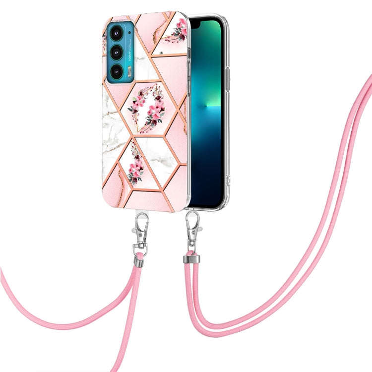 For Motorola Edge 20 Splicing Marble Flower Pattern TPU Phone Case with Lanyard(Pink Flower)