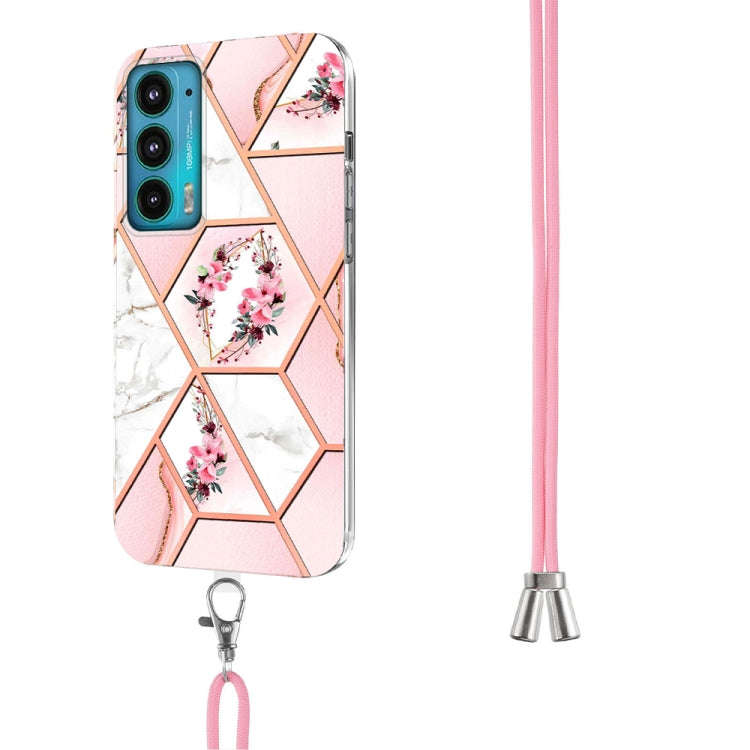 For Motorola Edge 20 Splicing Marble Flower Pattern TPU Phone Case with Lanyard(Pink Flower)