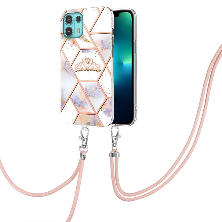 For Motorola Edge 20 Lite Splicing Marble Flower Pattern TPU Phone Case with Lanyard(Imperial Crown)