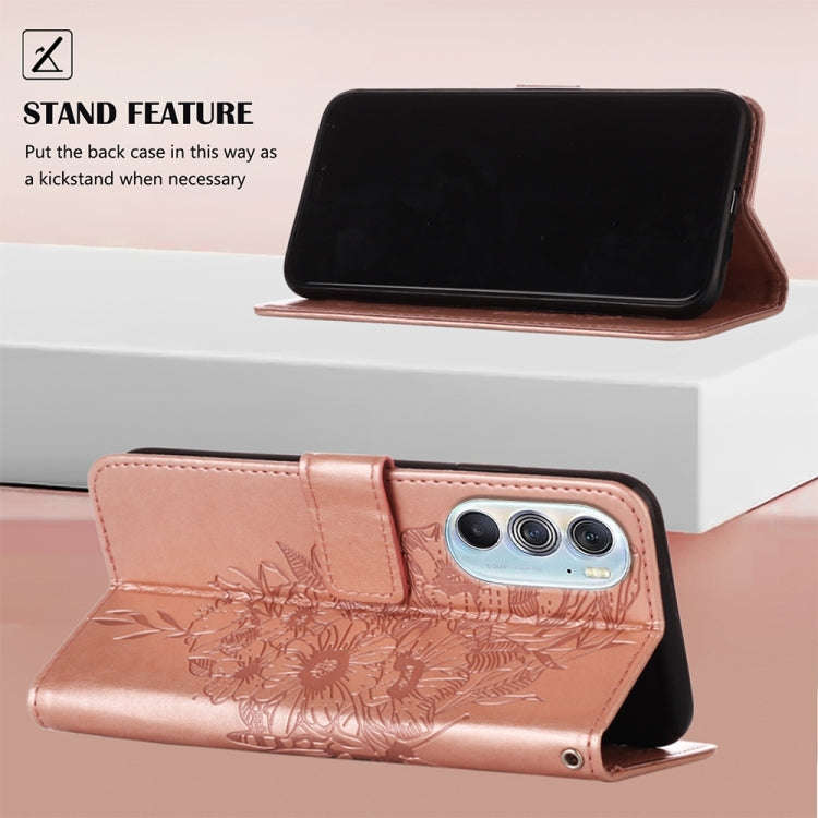 For Motorola Edge X30 Embossed Butterfly Leather Phone Case(Rose Gold)