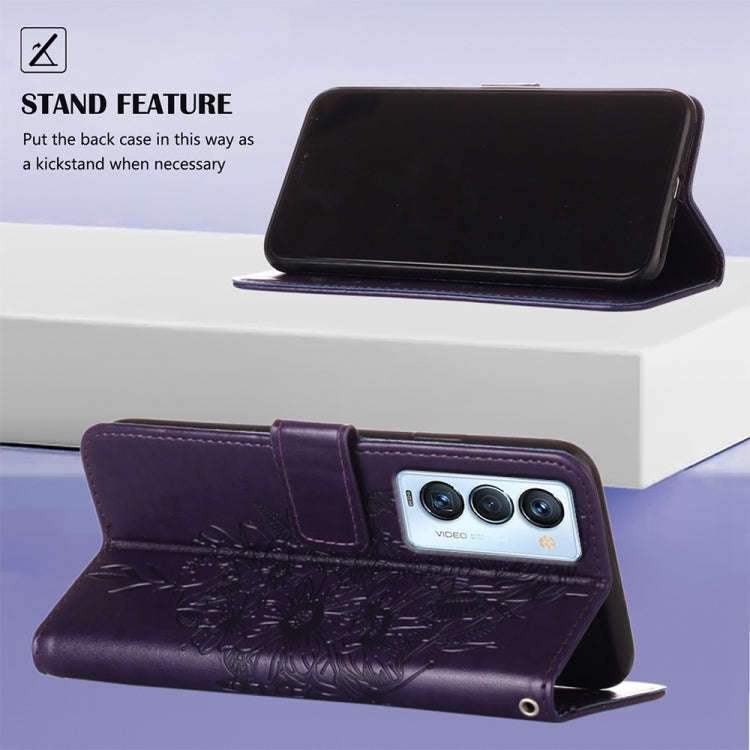 For Tecno Camon 18 Premier Embossed Butterfly Leather Phone Case(Dark Purple)